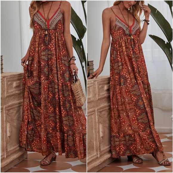 Bellanblue Dresses & Skirts - Bohemian Gypsy Red Ruffle Cami Maxi Dress Floral